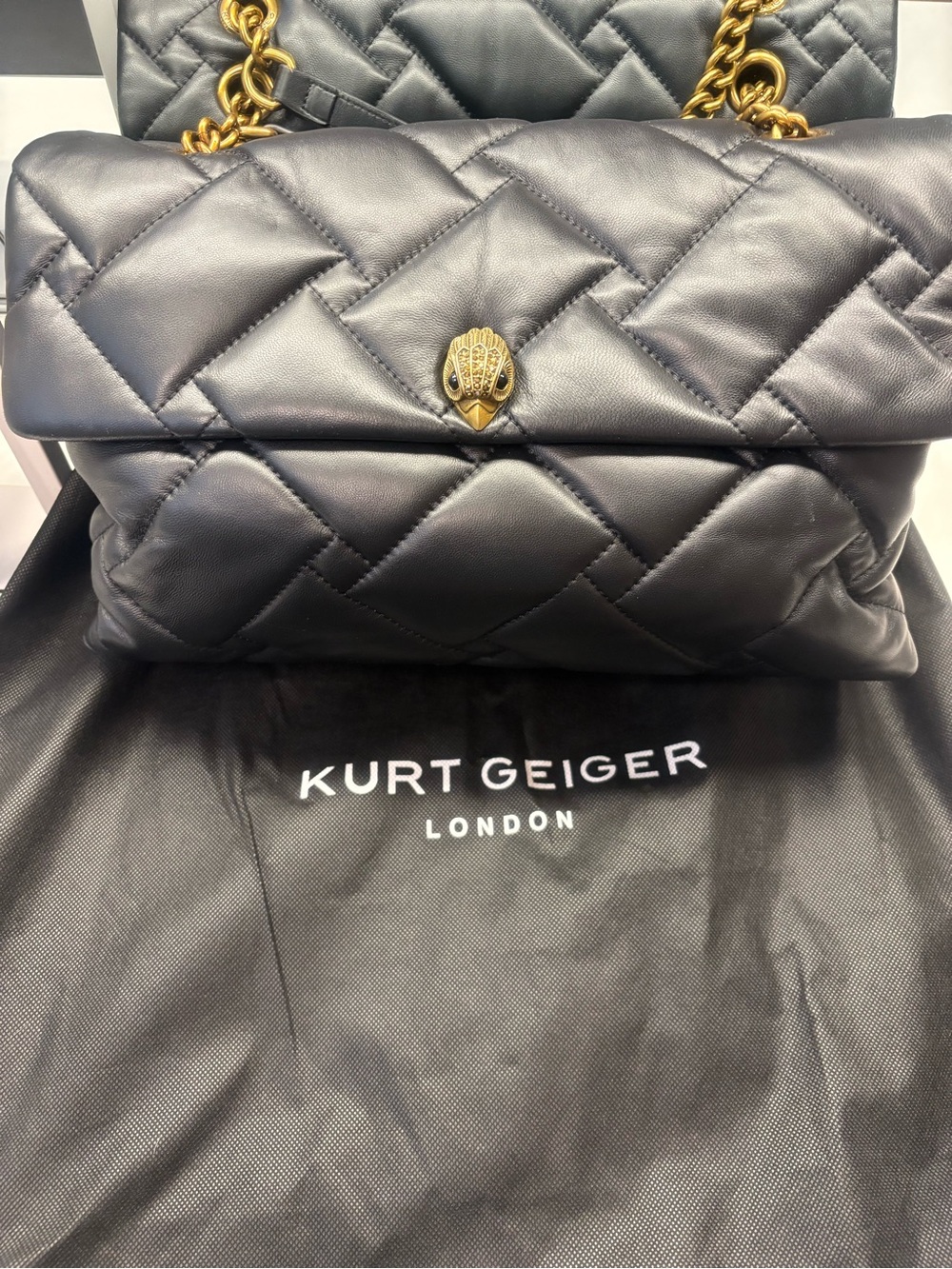 Kurt Geiger Quilted Shoulder Bag in Gunmetal with Gold Hardware